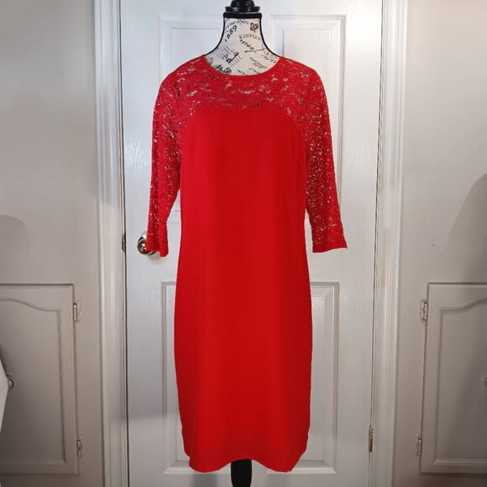 NWT Suzy Shier Women's Red Formal Midi Dress 3/4 Sleeve Lace Accents Size L